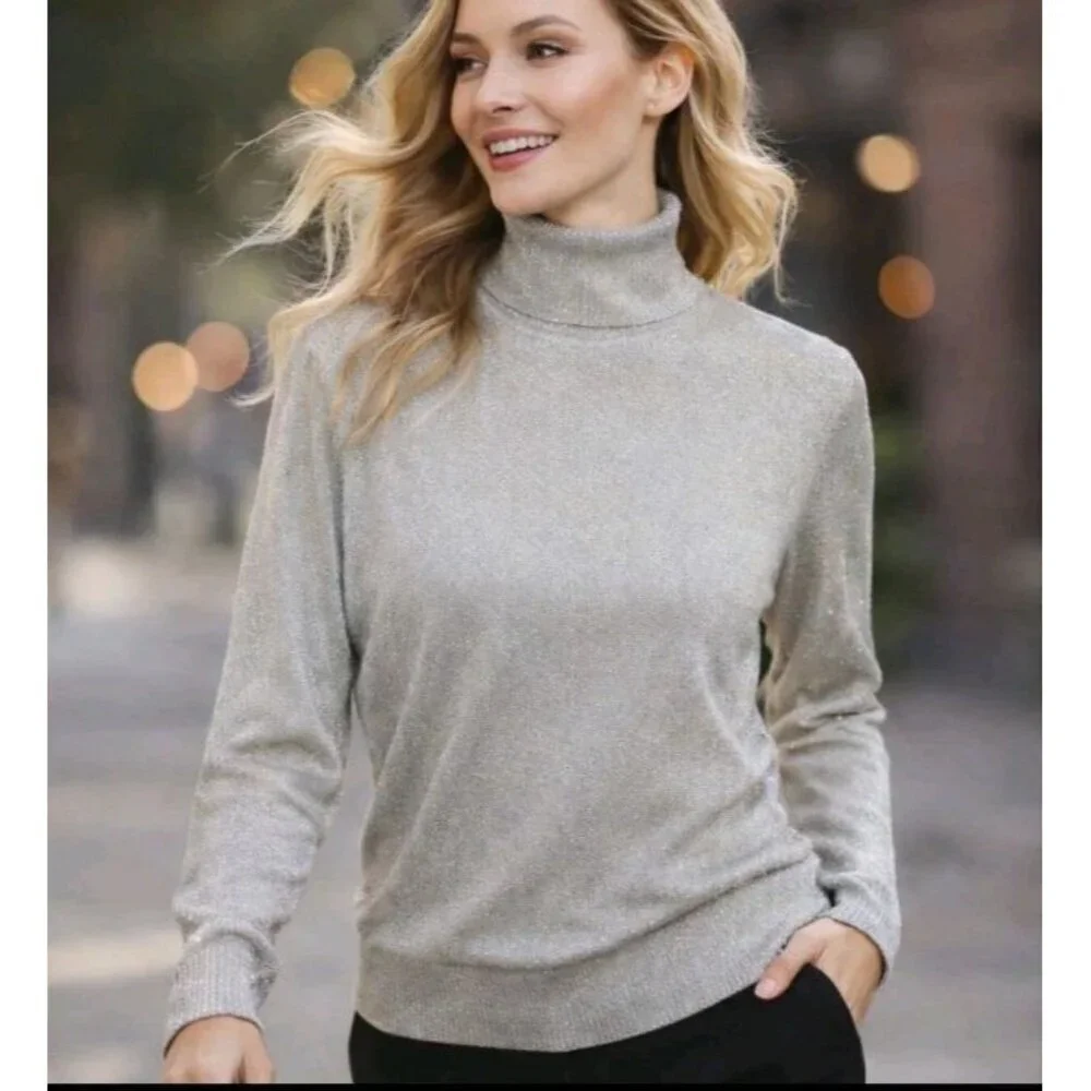 Composition NY Silk Blend Metallic Shimmer Turtleneck Sweater L Taupe Beige